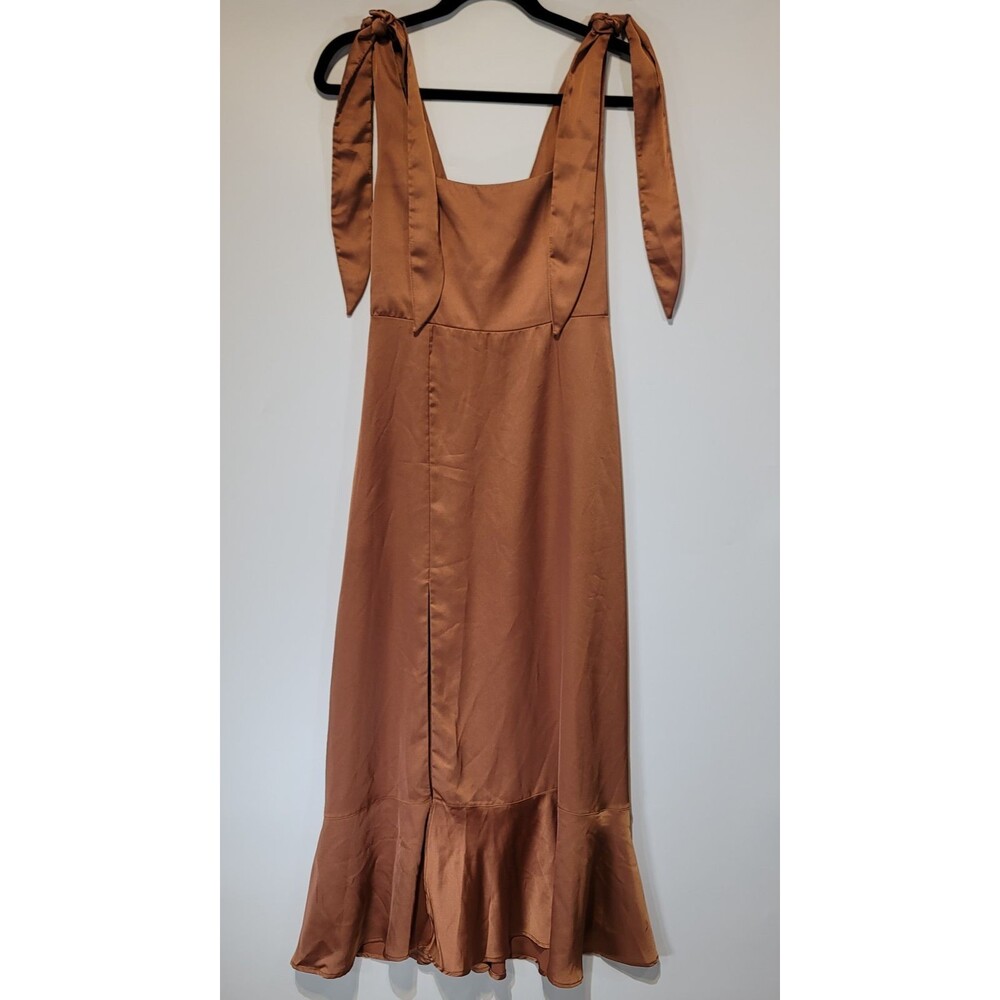 SHOW ME YOUR MUMU Claire Midi Dress In Satin Bronze Tie Strap Ruffle Hem Small